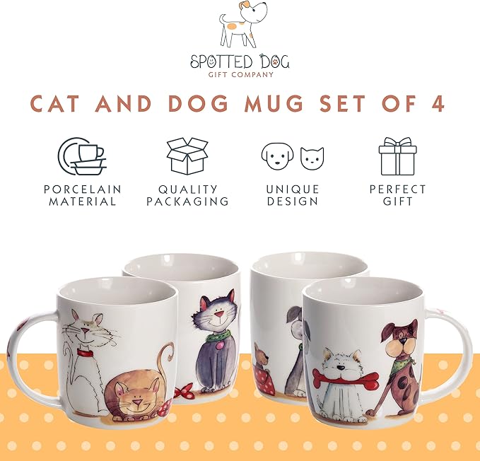 SPOTTED DOG GIFT COMPANY Dog and Cat Coffee Mug Set of 4, Animal Themed Mugs, Ceramic Tea Cups for Hot Drinks, Microwave Dishwasher Safe, Cute Kitchen Gifts for Pet Lovers Owners - 12oz