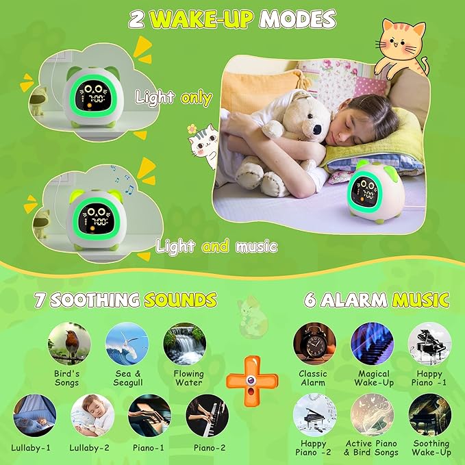 winshine Kids Alarm Clock, OK to Wake Clock with Night Light for Kids, Stay in Bed Clock Sleep Training, Nap Timer Cute Kids Room Decor, Gift Ideas for Kids Toddler Boy Girl (Green)