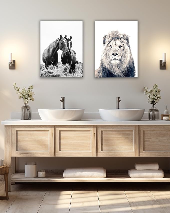 UPWOIGH Bathroom Wall Art Decor, Black and White Horse Wall Art, Waterproof Wood Framed Canvas Wall Art Animals Abstract Prints, 12"x16" High-end Pictures for Dormitory Kids Room 1 Pack