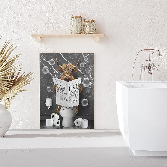 Bathroom Decor Canvas Wall Art Highland Cow Pictures Bathroom Wall Decor Cow Sitting in Toilet Painting Black and White Wall Art for Bathroom Toilet Artwork Framed 16"x20"