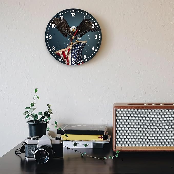 SPUNKER America Flag Eagle Wall Clocks,USA Bald Eagle Wall Clock Battery Operated 10 Inch,Round Clock Silent Non-Ticking Wall Decor for Farmhouse Office Home School Living Room Bedroom