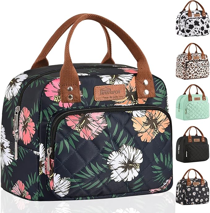 Buringer HOMESPON Lunch Bag for Woman Man Adults with Front Pocket Insulated Lunch Tote Lunch Box Container for Work Picnic or Travel(Green Leaves)