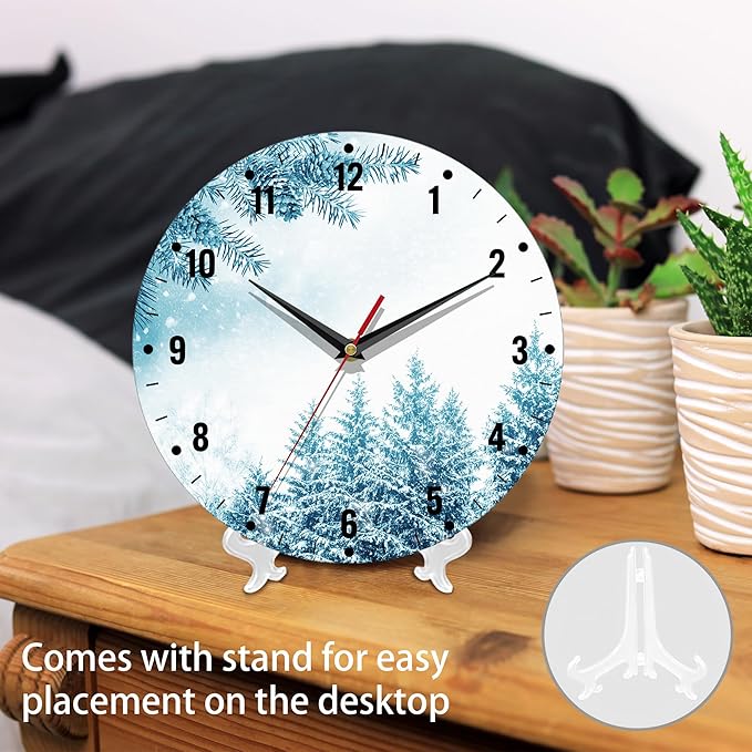 SPUNKER Snowflakes Clock for Bedroom,Winter Forest Wall Clocks for Living Room Decor,Snow Trees Kitchen Clocks Wall Battery Operated - 10 Inch Round Bathroom Wall Clock Silent Non-Ticking