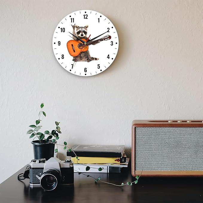 SPUNKER Clock for Bedroom,Funny Raccoon Kitchen Wall Clock,Acoustic Guitar Rock Clocks 10 Inch Silent Non-Ticking Wall Battery Operated for Living Room Bedroom Bathroom Laundry Room Decor