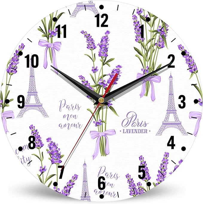 SPUNKER Clocks for Living Room,Lavender Flowers Wall Clock Battery Operated 10 Inch,Eiffel Tower Round Clock Silent Non-Ticking Wall Decor for Farmhouse Office Home School Living Room Bedroom