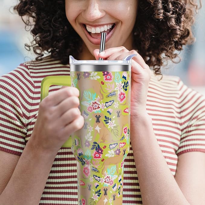 Boxer Dog Gifts for Women Dog Lovers 40 oz Floral Boxer Lover Tumblers with Handle and Straw, Stainless Steel Vacuum Insulated Travel Coffee Mug Cup Water Bottle