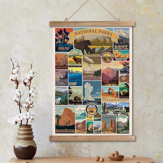 XIAOAIKA USA National Parks Retro Poster Collection - Illustrated Travel Destinations with Wooden Hanger - Vintage Wall Art for Outdoor Enthusiasts and Explorers 12 x 16 Inches