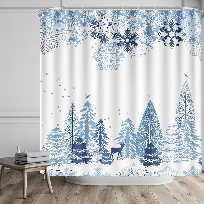 Winter Snow Forest Shower Curtain 72x72 Inches,Christmas Snowflake Snowy Trees Waterproof Polyester Fabric Bathtub Curtain Set with Hooks for Xmas Season Theme Bathroom Decor