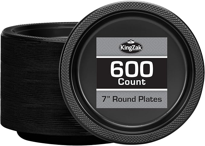 Black Plastic Plates 7 Inch - 600 count Solid Round Party For Weddings, BBQs, Birthday Disposable Dessert (81070 (case))