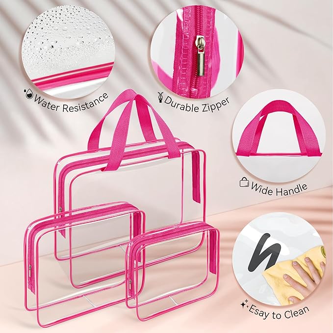 TISRATOK 10 PCS Clear Travel Makeup Toiletry Bag, Plastic PVC Cosmetic TSA Approved Organizer Kit with Zipper Handbag(Rose Red)