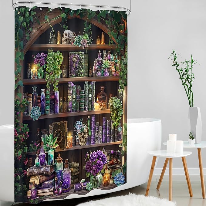 Small Stall Gothic Skull Shower Curtain 54Wx78H RV Spooky Wizard Vintage Withcy Black Bookshelf Succulent Unique Cool Bathroom Decor Mysterious Bath Curtain Fabric Polyester 12 Pack Hooks