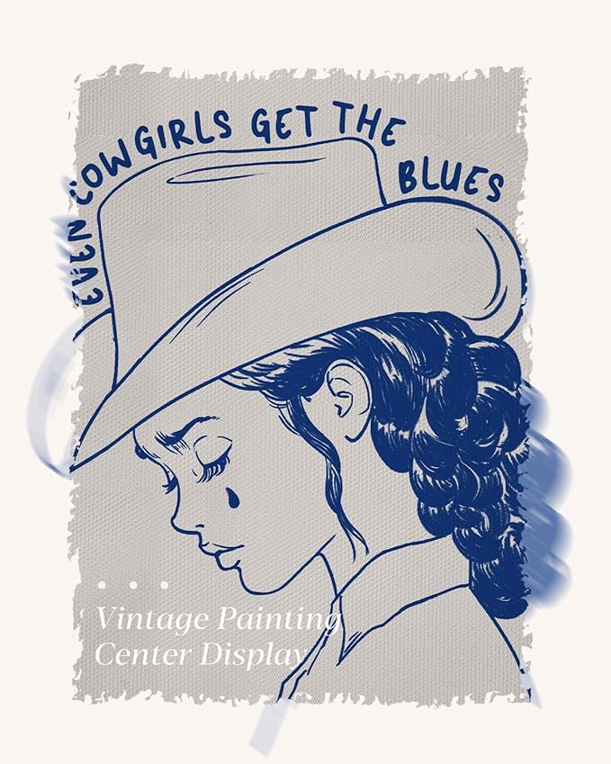 Vintage Cowgirl Portrait Artwork Even Cowgirls Get the Blues, Framed Canvas Wall Art 12"x16" Minimalist Western-Style Decor, Emotional Stylish Tearful Cowgirl Print Home Modern Spaces