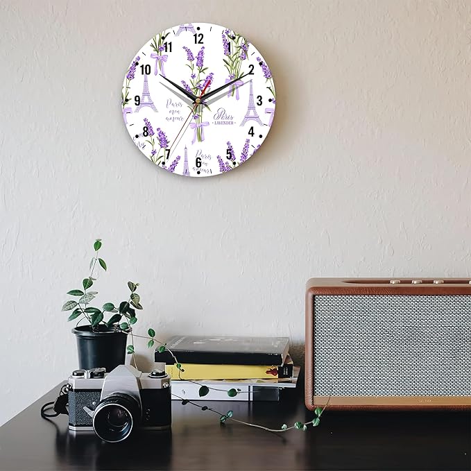 SPUNKER Clocks for Living Room,Lavender Flowers Wall Clock Battery Operated 10 Inch,Eiffel Tower Round Clock Silent Non-Ticking Wall Decor for Farmhouse Office Home School Living Room Bedroom