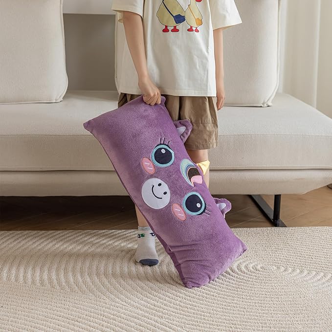 Stuffed Animal Lumbar Pillow, Super Soft Plush Cuddle Throw Pillow for Kids, Cute Unicorn Shaped Pillow, 12 x 24 Inches, Purple