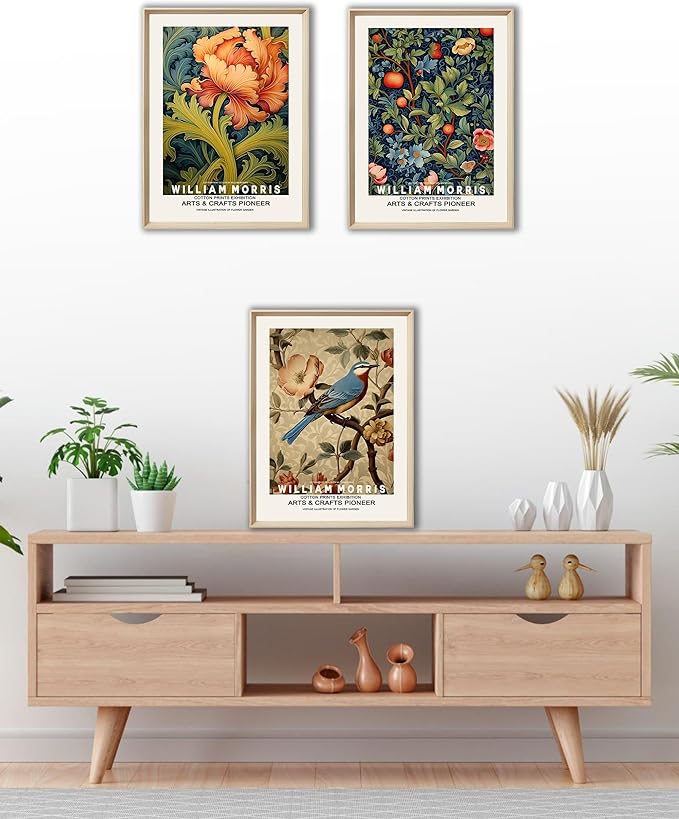 UPWOIGH Framed Wall Art, William Morris Wood Canvas Wall Art,12"x16" Cotton Pattern Colorful Botanical Bird Poster Wall Decor Aesthetic for Living Room Bedroom,Set of 3,Accessories