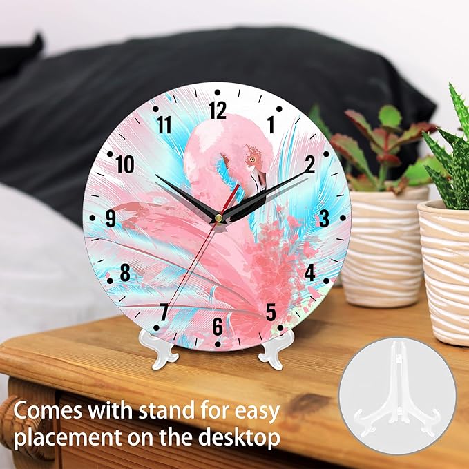 SPUNKER Wall Clocks,Pink Flamingo 10 Inch Wall Clock,Abstract Blue Feathers Small Battery Operated Wall Clocks Decorative for Kitchen/Living Room/Bedroom/Bathroom/Dining Room