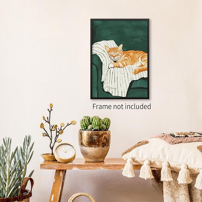 Sleeping Orange Cat poster Green Aesthetic Wall Art Preppy Funky Cute Animal Canvas Painting Gift For Cat Lover for Cozy Room Wall Decor 24x36 inch Unframed