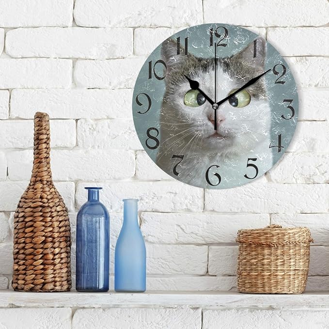 STARGRASS Funny Cat Wall Clocks Battery Operated 10 inch Silent Non-Ticking Quiet Desk Clock Decor for Living Room Home Office School Kitchen (Small,Round)