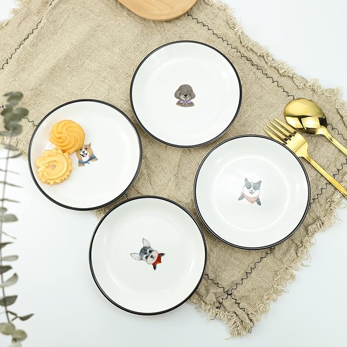 WAIT FLY 5 Inches Funny Retro Dog Pattern with Brush Strokes Ceramics Seasoning Dishes/Tea Bag Holders/Ketchup Saucer/Appetizer Plates/Seasoning Dipping Bowls, Set of 4