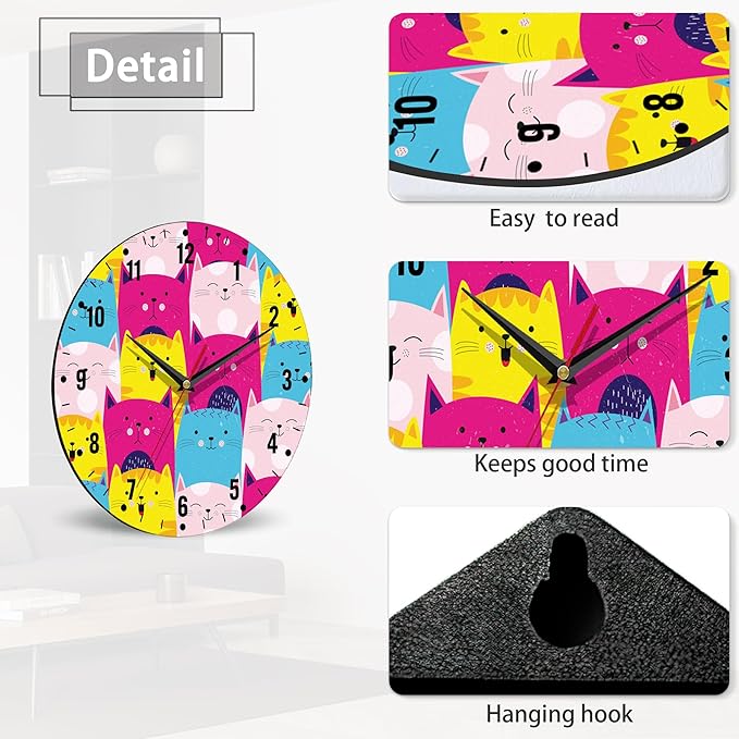 SPUNKER Wall Clocks,Cute Cats Wall Clocks for Living Room Decor,Colorful Kitten Kitchen Clocks Wall Battery Operated - 10 Inch Round Bathroom Wall Clock Silent Non-Ticking