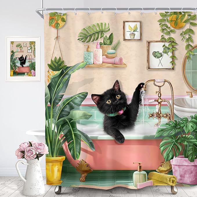 SVBright Pink Cat Shower Curtain 60Wx72L Inch Kids Black Cat Lover in Bathtub Kitten Cute Cartoon Animal Lovrely Vintage Pet Girl 12 Pack Hooks Polyester Waterproof Fabric Bathroom Bathtub Panels