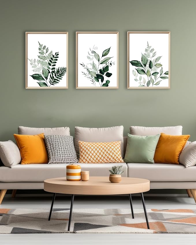 UPWOIGH Framed Green Wall Art(No Plexiglass), Olive Leafs Canvas Wall Art,12x16in Botanical Wood Bohemia Sage Wall Decor Prints Artworks for Bathroom Bedroom, Plant Neutral Wall Art Set of 3