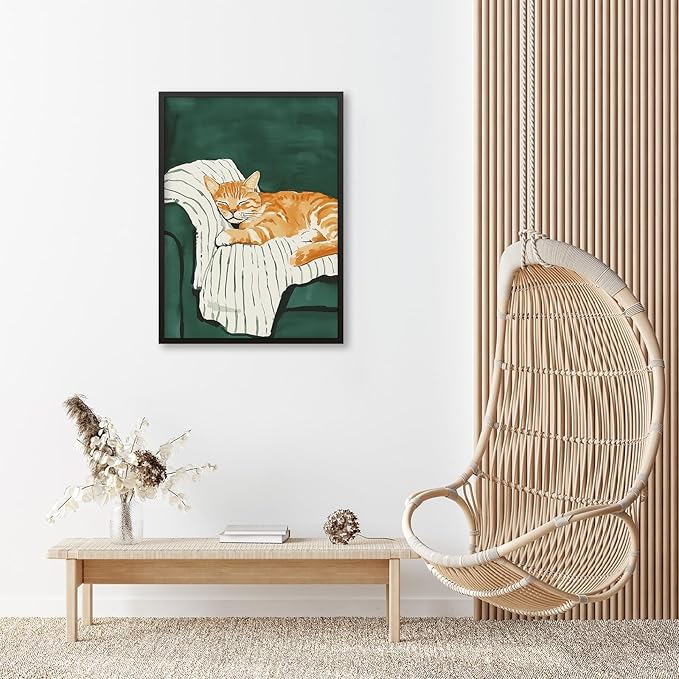 Sleeping Orange Cat poster Green Aesthetic Wall Art Preppy Funky Cute Animal Canvas Painting Gift For Cat Lover 24x36 inch Black Framed for Cozy Room Wall Decor