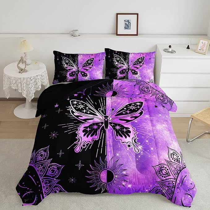 Black Purple Butterfly Comforter Set for Girls Women,Boho Butterfly Sun and Moon Mandala Printed Bedding Set with 2 Pillowcases(Black Purple Twin)