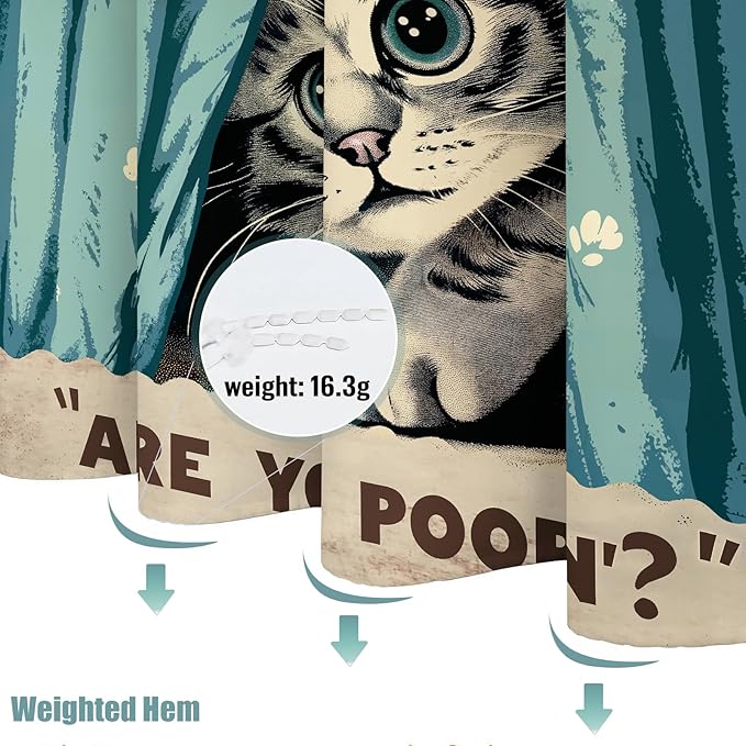 Yeoiat Funny Cat Shower Curtain, are You Poopin' Curious Kitty Whimsical Joke Humor Themed, Shower Curtain Set with 12 Hooks for Bathroom Decor (Green, 72"x72")