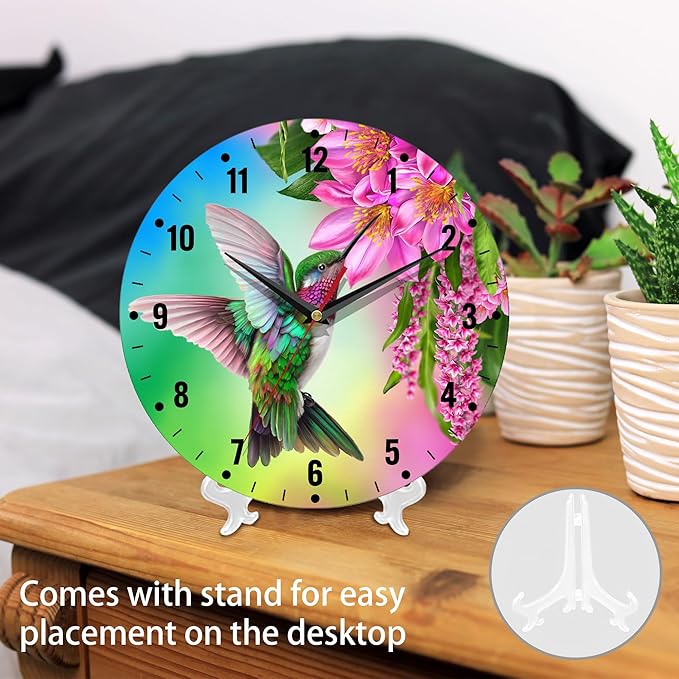 SPUNKER Clocks for Living Room,Hummingbird Wall Clock Battery Operated 10 Inch,Tropical Bird Red Flowers Round Clock Silent Non-Ticking Wall Decor for Farmhouse Office Home School Living Room Bedroom