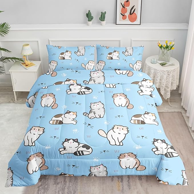 Blue Kawaii Cat Comforter Bedding Set for Girls Lovely Kitten Print Cute Animal Pattern with 1 and 2 Pillowcases Bedroom All Season(Cat Full), Full 80x90inches