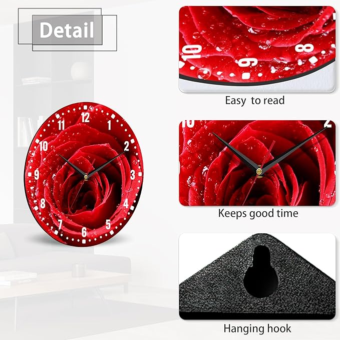 SPUNKER Wall Clocks,Red Rose Wall Clock Battery Operated 10 Inch,Flower Bloom Romance Round Clock Silent Non-Ticking Wall Decor for Farmhouse Office Home School Living Room Bedroom