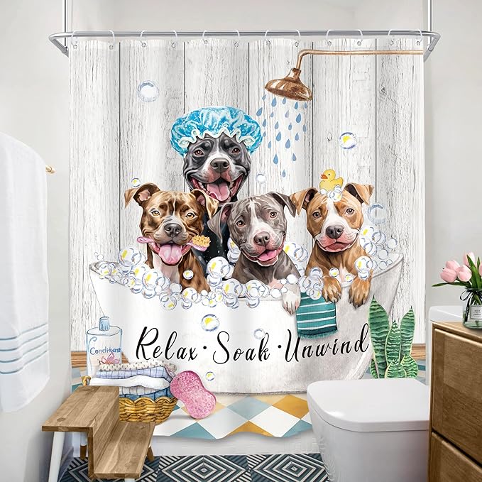 SVBright Funny Dog Shower Curtain 60Wx72L Inch Kids Cute Animals Farmhouse Puppy Shower Wooden Plank Bubbles Vintage Rustic 12 Pack Hooks Polyester Waterproof Fabric Bathroom Bathtub Panels