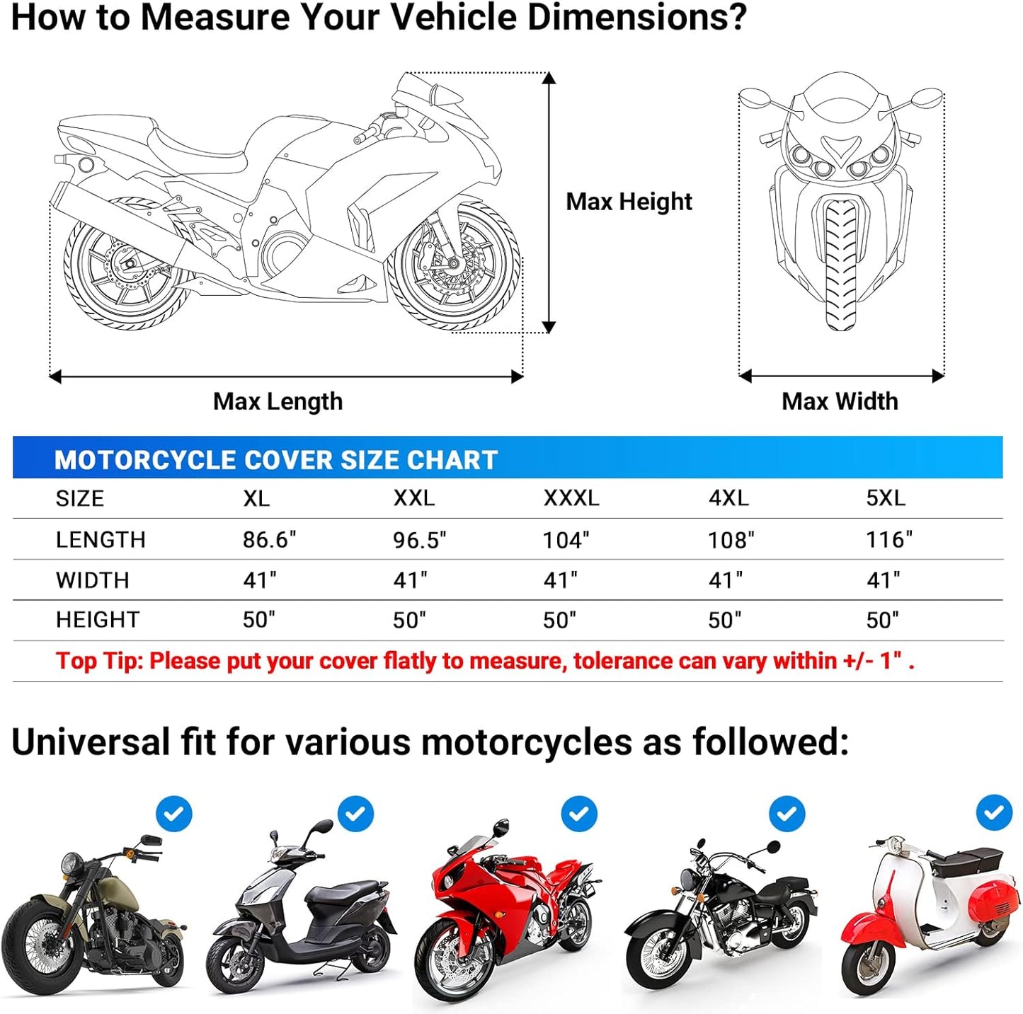Favoto Motorcycle Cover Waterproof Outdoor - Cool Silver Color UV Protection with Reflective Strip Windproof Buckle Lock-Hole Storage Bag Fit 104 inch Vehicle Motorbikes
