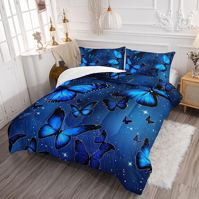 Butterfly Comforter Set for Girls Women - Bright Blue Butterflies in Sky with Stars Printed Bedding Set With 2 Pillowcases (Twin)