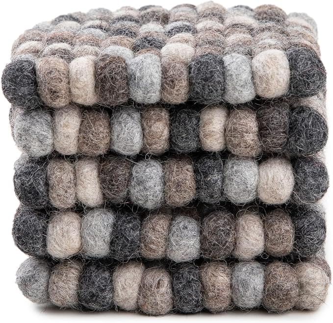 Square Felt Ball Coasters - 100% Merino Wool Table Coasters - Felt Coaster Pads, Absorbent Trivet for Drinks - Heat Resistant, Thick & Durable Hand Felted in Nepal by Woolygon- Multicolor - Set of 5