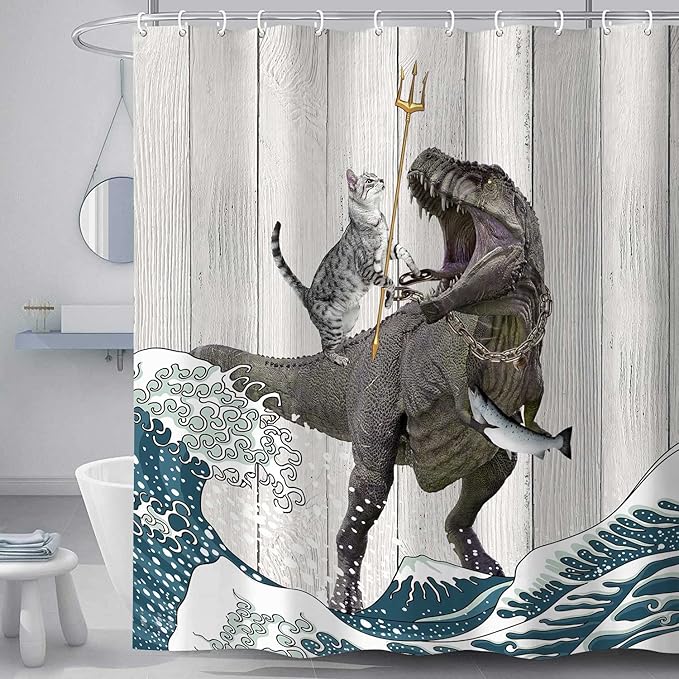 Torich Funny Cat Shower Curtain Set, Cool Cat Dinosaur Japanese Ocean Wave Decor Fabric Bathroom Curtains, Fun Kids Children Animal Rustic Wooden Farmhouse Decor Polyester Fabric 36X72in