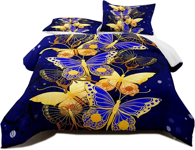 Butterfly Bedding Queen Size Comforter Set Blue Gold Butterfly Bedding Sets for Adult Teens Soft Lightweight Bed Quilt Sets for Bedroom, 3 Piece 1 Comforter + 2 Pillowcases