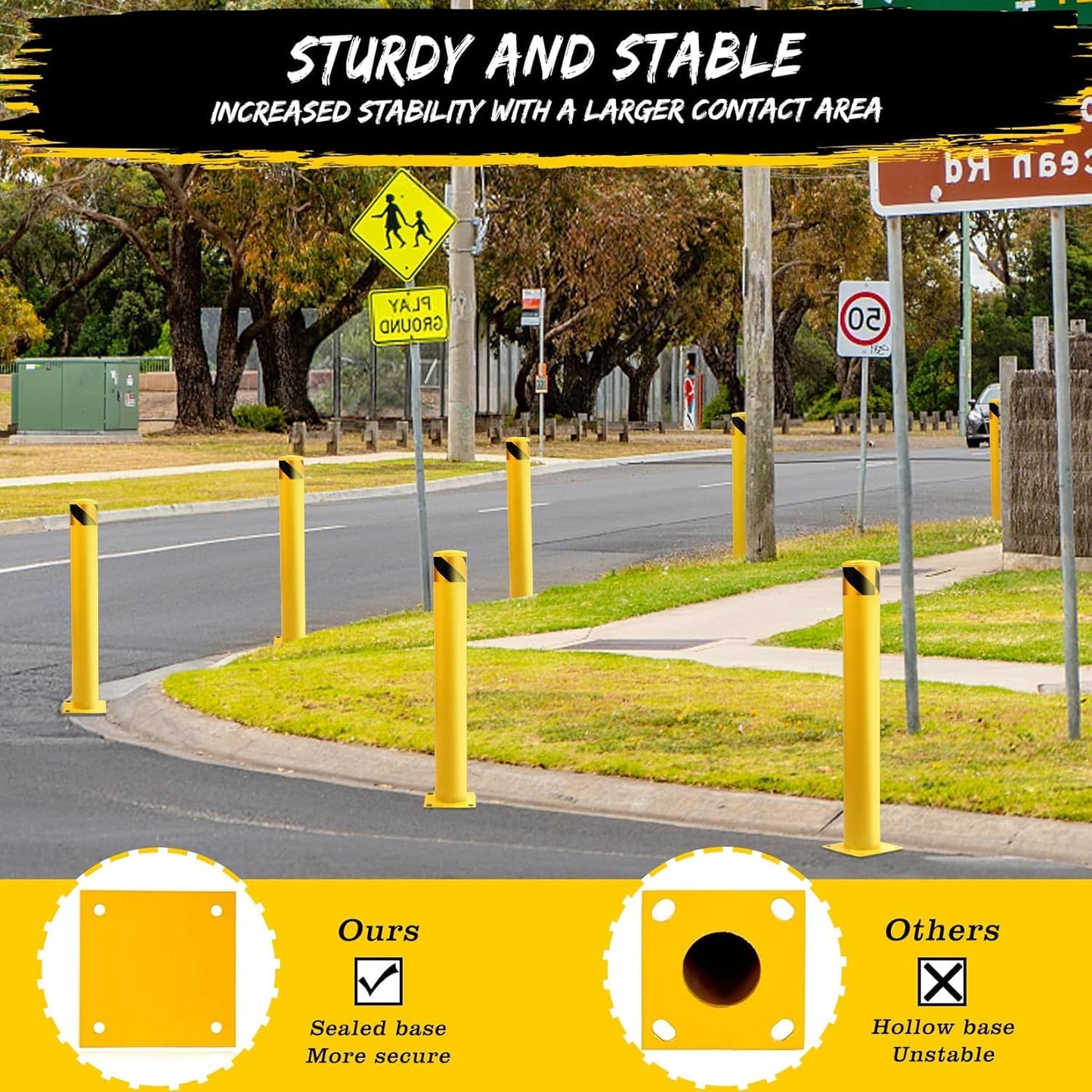 2 Pack Safety Bollard Post, 42 Inch Height 4.5 Inch Diameter Yellow Pipe Safety Steel Bollards with Anchor Bolts and Wrench, Steel Bollards for Road Warning Construction Public Place Traffic Control