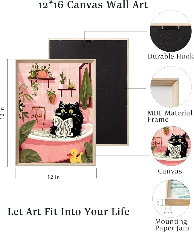 UPWOIGH 12"x16" Wood Framed Wall Art – Funny Black Cat Canvas Decor, Are You Pooping? Vintage Bathroom Poster Set of 3, Cute Reading Animal Humor Prints for Apartment, House, or Restroom Decoration