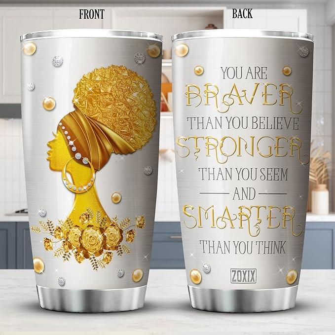 ZOXIX You Are Braver Than You Believe Inspiration Coffee Tumbler For Black Women Jewelry Style Stainless Steel Cup With Lid 20oz African American Girl Uplifting Gifts For Friends