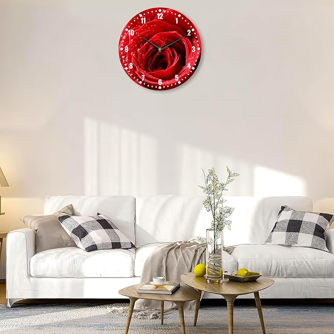 SPUNKER Wall Clocks,Red Rose Wall Clock Battery Operated 10 Inch,Flower Bloom Romance Round Clock Silent Non-Ticking Wall Decor for Farmhouse Office Home School Living Room Bedroom