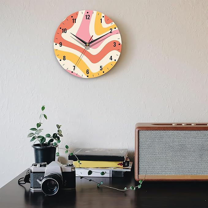 SPUNKER Clock for Bedroom,Colorful Waves Wall Clock Battery Operated 10 Inch,Retro 70s Round Clock Silent Non-Ticking Wall Decor for Farmhouse Office Home School Living Room Bedroom