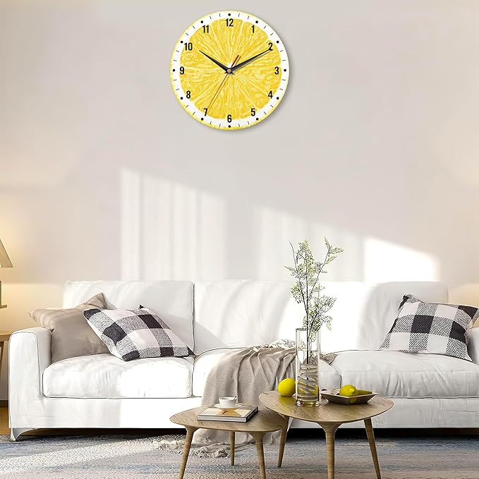 SPUNKER Wall Clocks,Lemon Yellow Fruits 10 Inch Wall Clock,Summer Small Battery Operated Wall Clocks Decorative for Kitchen/Living Room/Bedroom/Bathroom/Dining Room