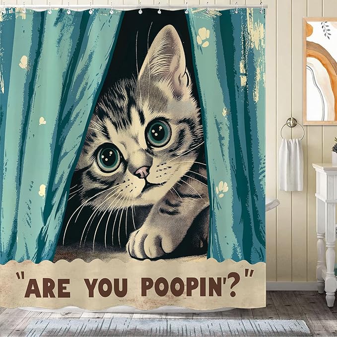 Yeoiat Funny Cat Shower Curtain, are You Poopin' Curious Kitty Whimsical Joke Humor Themed, Shower Curtain Set with 12 Hooks for Bathroom Decor (Green, 72"x72")
