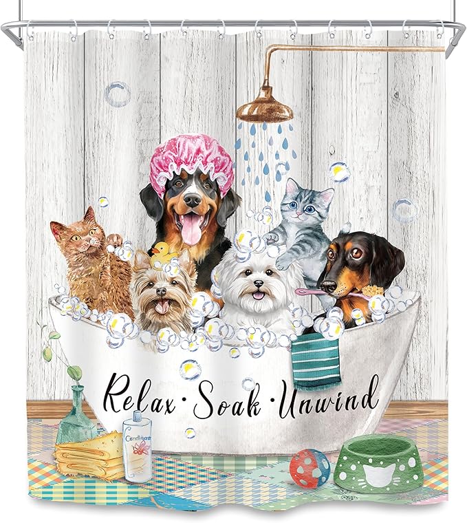 SVBright Funny Kids Shower Curtain 60Wx72L Inch Cute Dogs Cats Animal Taking a Bath in Bathtub Bubbles Farmhouse Hilarious Lovely Pets 12 Pack Hooks Polyester Waterproof Fabric Bathroom Bathtub Panels