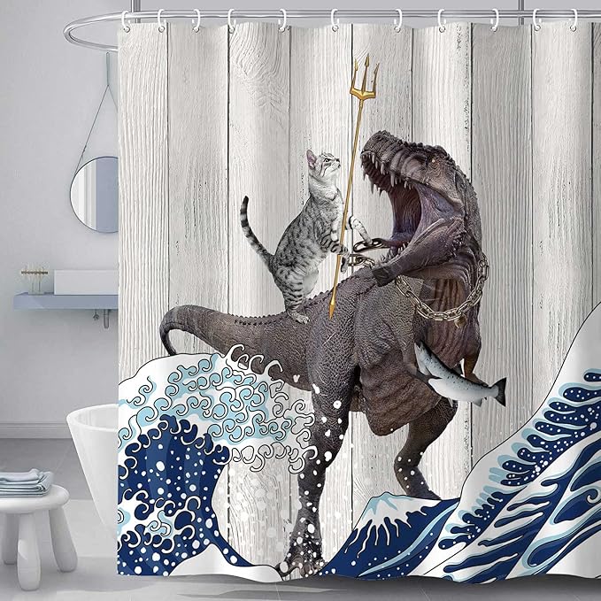Torich Funny Cat Shower Curtain Set, Cool Cat Dinosaur Japanese Ocean Wave Decor Fabric Bathroom Curtains, Fun Kids Children Animal Rustic Wooden Farmhouse Decor Polyester 72X84in