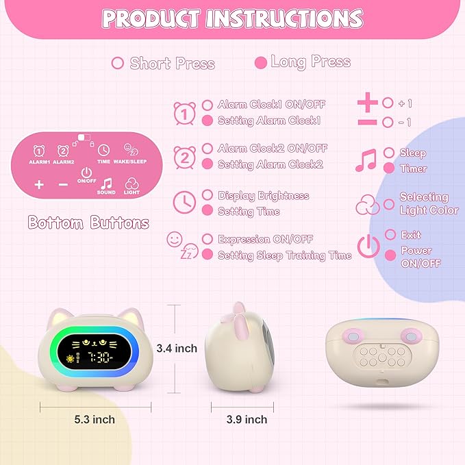 winshine Kids Alarm Clock, Ok to Wake Clock for Kids, Toddler Sleep Training Clock with Eye Protection, 10 Night Lights, Dual Alarms, Child Lock, Snooze, Timer - Cute Clock for Girls and Boys