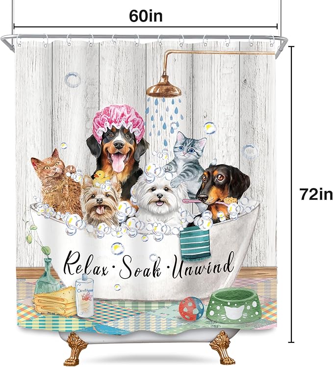 SVBright Funny Kids Shower Curtain 60Wx72L Inch Cute Dogs Cats Animal Taking a Bath in Bathtub Bubbles Farmhouse Hilarious Lovely Pets 12 Pack Hooks Polyester Waterproof Fabric Bathroom Bathtub Panels