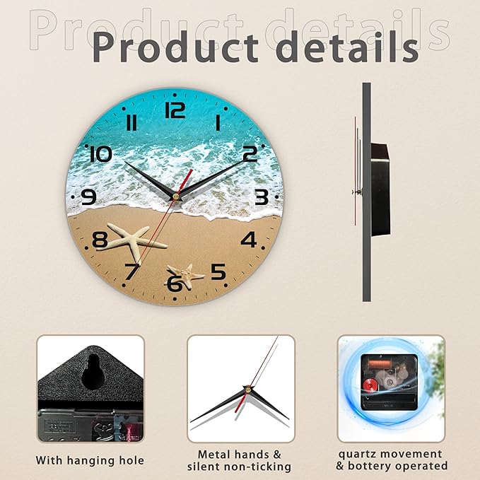 Starfish On A Beach Sand Wall Clock - Contemporary Home Decor, Easy to Read for Living Room, Bedroom, Bathroom and Kitchen, 10 Inch